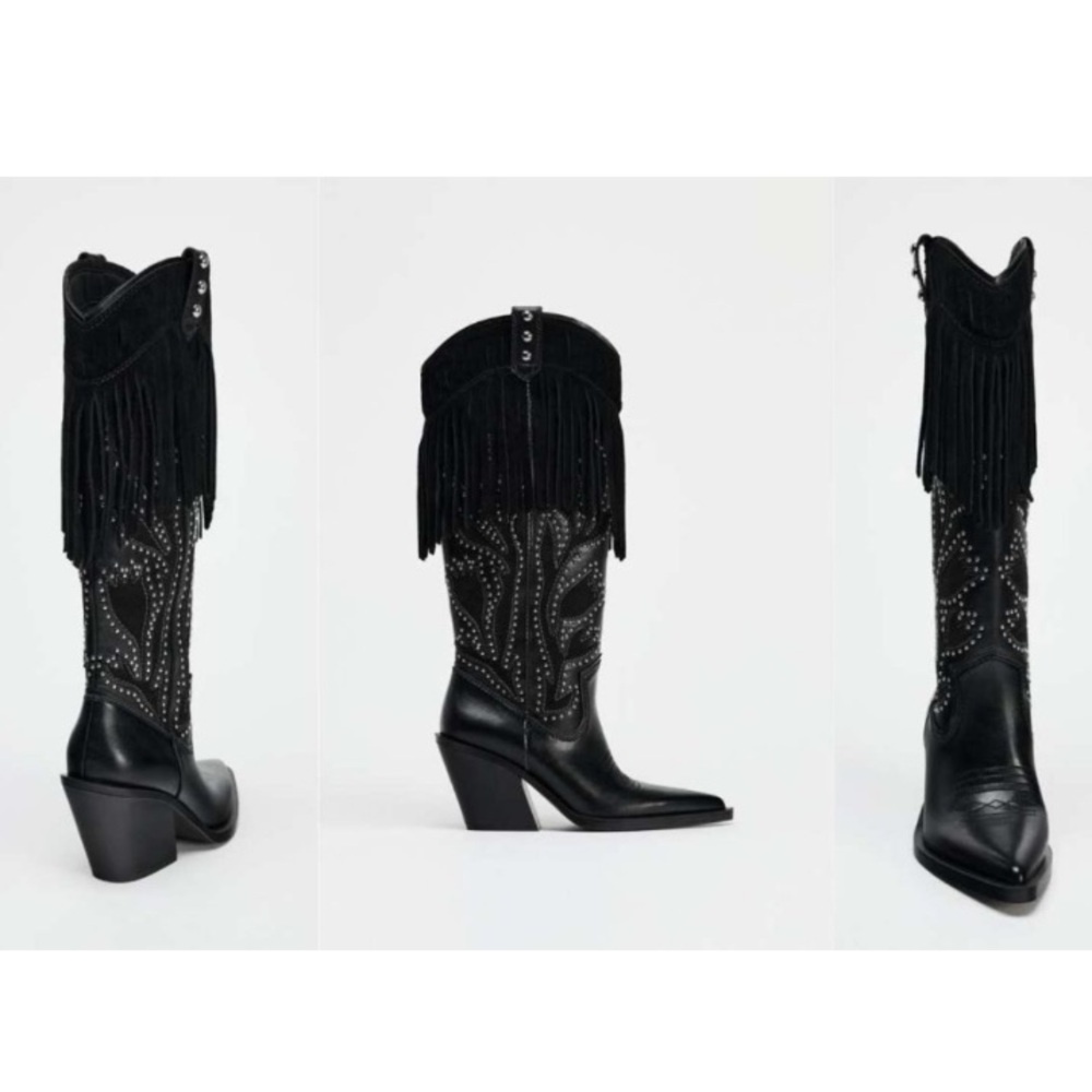 Zara NWT black heeled studded fringe wide mid calf cowboy boots 3062/410 - Picture 2 of 7